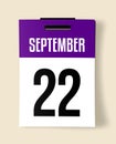 22 September Calendar Date, a Realistic calendar sheet hanging on a wall Royalty Free Stock Photo
