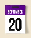 20 September Calendar Date, a Realistic calendar sheet hanging on a wall Royalty Free Stock Photo