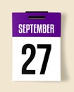 27 September Calendar Date, a Realistic calendar sheet hanging on a wall Royalty Free Stock Photo