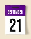 21 September Calendar Date, a Realistic calendar sheet hanging on a wall Royalty Free Stock Photo