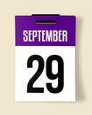 29 September Calendar Date, a Realistic calendar sheet hanging on a wall Royalty Free Stock Photo