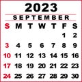 September 2023 Calendar Illustration. The Week Starts On Sunday. Calendar Design In Black And White Colors, Sunday In Red Colors