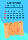 September 2023 calendar page. Vector cartoon illustration with cute treasure map. Template for print. Vertical layout Royalty Free Stock Photo