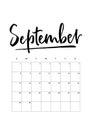 September. Calendar planner 2019 week starts on Sunday Part of sets of 12 months Vector template print A4 ink hand drawn lettering Royalty Free Stock Photo