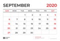 SEPTEMBER 2020 Calendar template, Desk calendar layout  Size 9.5 x 6.5 inch, planner design, week starts on sunday, stationery Royalty Free Stock Photo