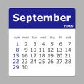 September 2019 calendar. Week starts sunday.