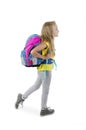 1-september concept. Back to school. Full length, legs, body, size vertical profile side view photo of small girl with backpack