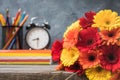 1 September concept postcard, teachers` day, back to school or college, supplies, alarm clock Royalty Free Stock Photo