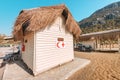First aid medical room on a public beach in a resort area in the form of a wooden Bungalow with