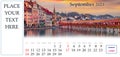 Desktop monthly calendar template with place logo and contact information.