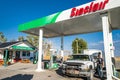 SEPTEMBER 14 2018 - DUBOIS, WYOMING: Sinclair Gas Station, truck fuels up with gas