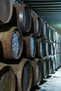 September 3, 2019, El Puerto de Santa Maria, Andalusia, Spain, old bodega with dark wooden barrels with sherry wine Royalty Free Stock Photo