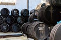 September 3, 2019, El Puerto de Santa Maria, Andalusia, Spain, old bodega with dark wooden barrels with sherry wine Royalty Free Stock Photo