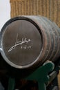 September 3, 2019, El Puerto de Santa Maria, Andalusia, Spain, old bodega with dark wooden barrels with sherry wine Royalty Free Stock Photo