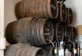 September 6, 2019, El Puerto de Santa Maria, Andalusia, Spain, Sherry wine shop in old bodega with dark wooden barrels, wine from Royalty Free Stock Photo