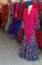 September 9, 2019, El Rocio, Andalusia, Spain. Shop with traditional colorful spanish flamenco dresses