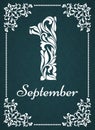 1 September. Elegant decorative fonts. Ornate decorated digit one in a vintage frame