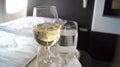 SEPTEMBER 2014: First Class Dining onboard an Boeing 747, white wine and water