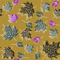 September forest maple leaves attractive cute fashion seamless sunny yellow; purple; white; low poly autumn