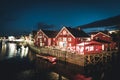 September 2019, Henningsvaer Lofoten Island: Henningsvaer Brygge Hotel in the fishing village after sunset. Henningsvaer