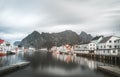 September 2018, Henningsvaer Lofoten island. Long Exposure of Henningsvaer fishing village on a cloudy day. Located on