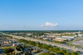 Aerial view shopping district parking lot near major road 45 interchanges view overlooking in Houston city Texas USA