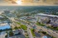 Aerial view shopping district parking lot near major road 45 interchanges view overlooking in Houston city Texas USA