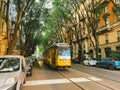 September 25, 2019 Italy. Milan. The yellow retro old tram of Milan in mint condition, still operates. Famous vintage