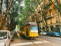 September 25, 2019 Italy. Milan. The yellow retro old tram of Milan in mint condition, still operates. Famous vintage tram in the