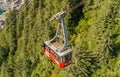 September 14, 2018 - Juneau, Alaska: Red Mount Roberts Tramway car on cable.