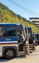 September 14, 2018 - Juneau, Alaska: Tour bus driver waiting for passengers.