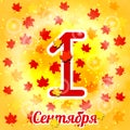 1 September. Knowledge Day in Russia. Text in Russian - September 1. Maple leaves, Gold background. Bright design for posters and