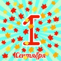 1 September. Knowledge Day in Russia. Text in Russian - September 1. Maple leaves, rays from the center. Bright design for posters