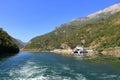 September 20 2023 - Lake Koman, Albania: car ferry crossing the lake Royalty Free Stock Photo