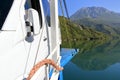 September 20 2023 - Lake Koman, Albania: car ferry crossing the lake Royalty Free Stock Photo