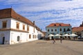 September 6 2021 - Medias, Mediasch in Romania: Main square with old architecture in Transylvania Royalty Free Stock Photo