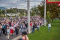 September 13 2020 Minsk Belarus Peaceful demonstration when participants with national flags of Belarus Royalty Free Stock Photo