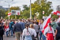 September 13 2020 Minsk Belarus Peaceful demonstration when participants with national flags walk down the street Royalty Free Stock Photo