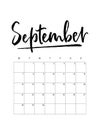 2020 September month. Wall calendar desk planner, weeks start on Monday. Hand drawn lettering font. Royalty Free Stock Photo
