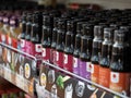 September 23, 2019 - Moscow, Russia. CBottles of soy sauce are on the shelf of the hypermarket.