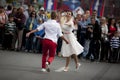 9 September 2014. Moscow, Russia. Festive parade near Red Square on Tverskaya street. Dancing people on the background Royalty Free Stock Photo