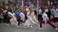 9 September 2014. Moscow, Russia. Festive parade near Red Square on Tverskaya street. Dancing people on the background Royalty Free Stock Photo