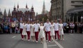 9 September 2014. Moscow, Russia. Festive parade near Red Square on Tverskaya street. Dancing people on the background Royalty Free Stock Photo