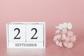 September 22nd. Day 22 of month. Calendar cube on modern pink background, concept of bussines and an importent event