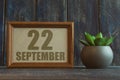 september 22nd. Day 22 of month, date in frame next to succulent on wooden background autumn month, day of the year concept Royalty Free Stock Photo