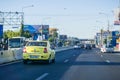 Taxi driving towards the airport