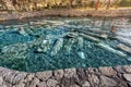 Ancient pool with thermal springs and remains of columns is a popular place for tourists to