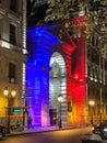 Prefecture de Police in Paris, France, lit up with red, white, a