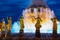 September 20, 2023 Russia, Moscow, Fountain of Friendship of Peoples with gilded sculptures of the peoples of Russia in