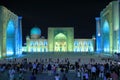 Samarkand, Uzbekistan at night: Beautiful Historic Registan Square at dusk. Ulugh Beg, Tilya-Kori and Sher-Dor madrasah Royalty Free Stock Photo